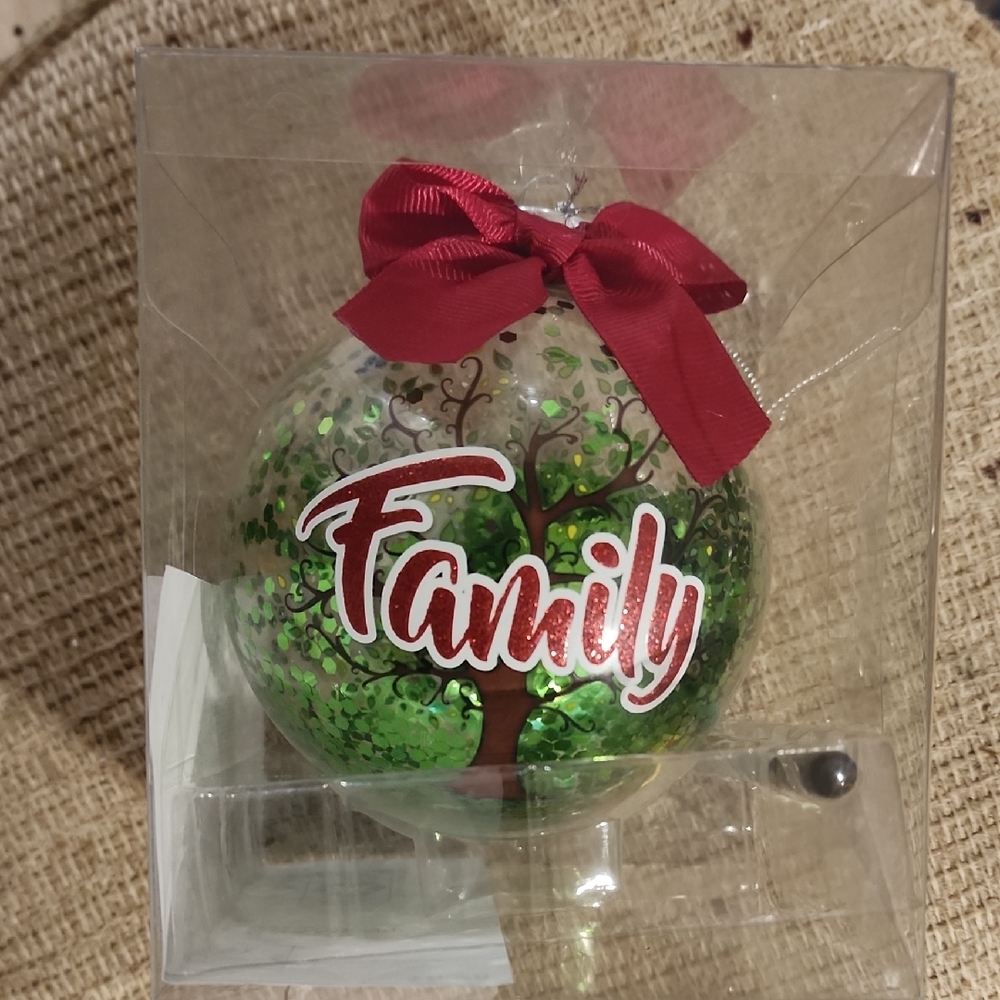 Holiday Time Green Family Ornament with Red Bow